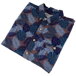Duluth Trading Co Men’s Button Down Shirt XL Blue Brown Leaf Pattern Relaxed Fit